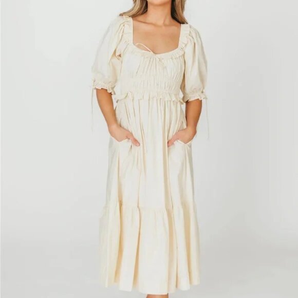 NEW WORTH COLLECTIVE Crissy 100% Cotton Ruched Midi Dress in Cream Bump Friendly - Picture 12 of 12